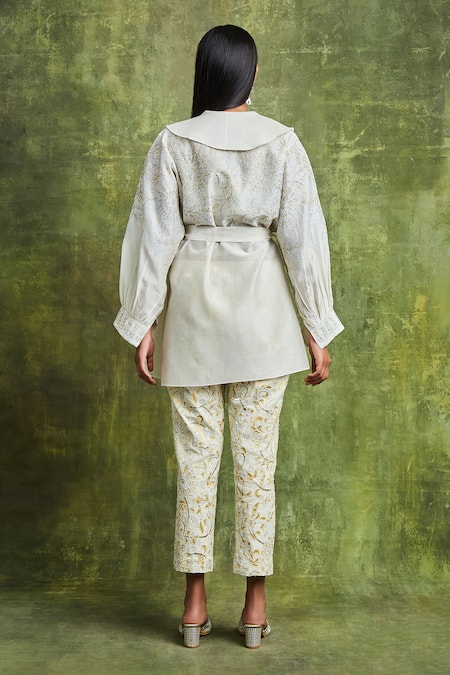 Shop Sue Mue Off White Handloom Cotton Embroidery Bandeau Neck Nadia Wrap Shirt Trouser Set at Aza Fashions Shop_Sue Mue_Off White Handloom Cotton Embroidery Bandeau Neck Nadia Wrap Shirt Trouser Set _at_Aza_Fashions