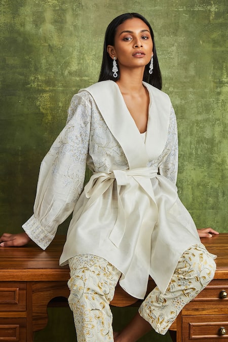 Sue Mue Off White Handloom Cotton Embroidery Bandeau Neck Nadia Wrap Shirt Trouser Set Online at Aza Fashions Sue Mue_Off White Handloom Cotton Embroidery Bandeau Neck Nadia Wrap Shirt Trouser Set _Online_at_Aza_Fashions