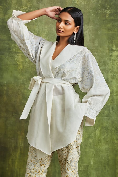 Buy Sue Mue Off White Handloom Cotton Embroidery Bandeau Neck Nadia Wrap Shirt Trouser Set Online at Aza Fashions Buy_Sue Mue_Off White Handloom Cotton Embroidery Bandeau Neck Nadia Wrap Shirt Trouser Set _Online_at_Aza_Fashions