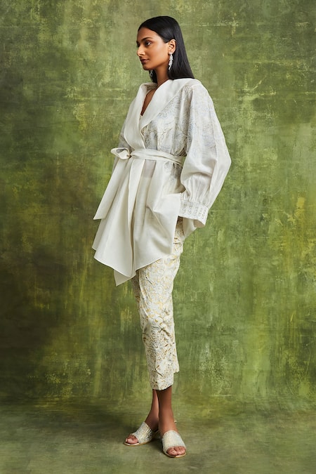 Shop Sue Mue Off White Handloom Cotton Embroidery Bandeau Neck Nadia Wrap Shirt Trouser Set Online at Aza Fashions Shop_Sue Mue_Off White Handloom Cotton Embroidery Bandeau Neck Nadia Wrap Shirt Trouser Set _Online_at_Aza_Fashions