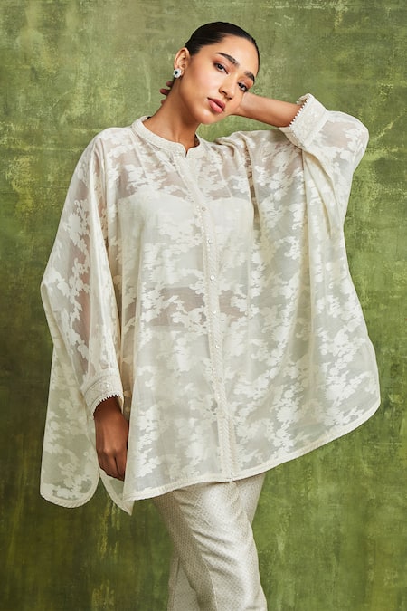 Sue Mue Off White Brocade, Handloom Cotton Hajra Jacquard Pattern Shirt Trouser Set Online at Aza Fashions Sue Mue_Off White Brocade, Handloom Cotton Hajra Jacquard Pattern Shirt Trouser Set _Online_at_Aza_Fashions