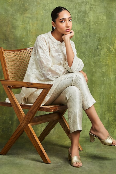 Shop Sue Mue Off White Brocade, Handloom Cotton Hajra Jacquard Pattern Shirt Trouser Set Online at Aza Fashions Shop_Sue Mue_Off White Brocade, Handloom Cotton Hajra Jacquard Pattern Shirt Trouser Set _Online_at_Aza_Fashions