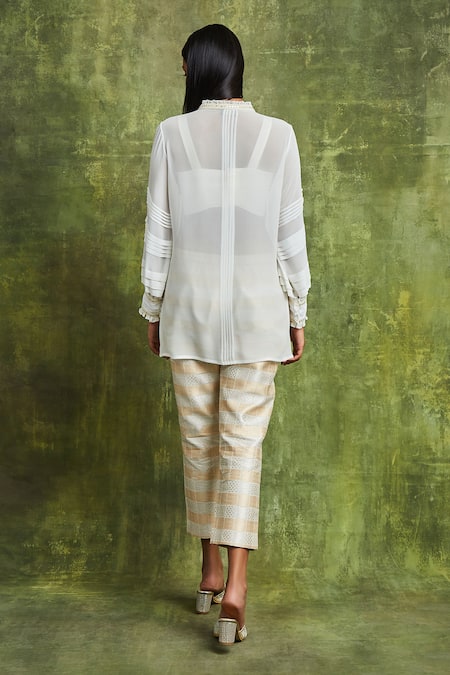 Shop Sue Mue Off White Silk, Brocade Sequins, Embroidery Maha Lace Shirt Trouser Set at Aza Fashions Shop_Sue Mue_Off White Silk, Brocade Sequins, Embroidery Maha Lace Shirt Trouser Set _at_Aza_Fashions