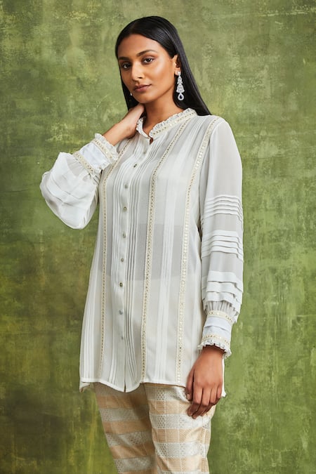 Sue Mue Off White Silk, Brocade Sequins, Embroidery Maha Lace Shirt Trouser Set Online at Aza Fashions Sue Mue_Off White Silk, Brocade Sequins, Embroidery Maha Lace Shirt Trouser Set _Online_at_Aza_Fashions