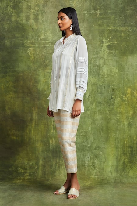 Buy Sue Mue Off White Silk, Brocade Sequins, Embroidery Maha Lace Shirt Trouser Set Online at Aza Fashions Buy_Sue Mue_Off White Silk, Brocade Sequins, Embroidery Maha Lace Shirt Trouser Set _Online_at_Aza_Fashions