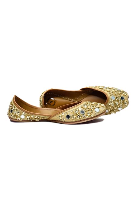 Shop_Yassio_Gold Milah Mirror Embroidered Juttis _at_Aza_Fashions