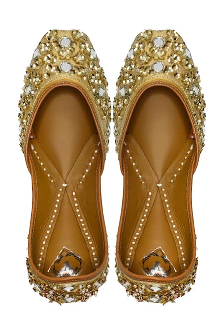 Buy_Yassio_Gold Milah Mirror Embroidered Juttis _Online_at_Aza_Fashions
