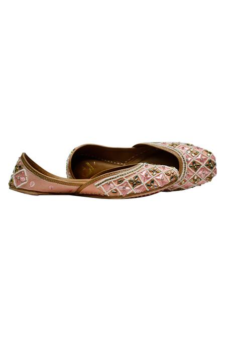 Shop Yassio Pink Sadia Mirror Embroidered Juttis at Aza Fashions Shop_Yassio_Pink Sadia Mirror Embroidered Juttis _at_Aza_Fashions