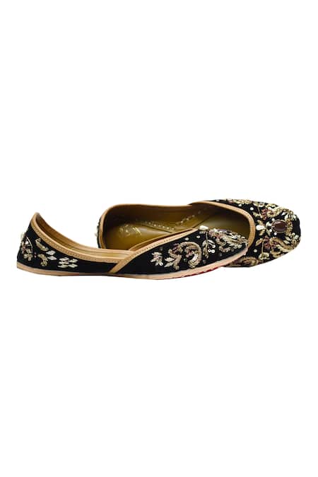 Shop Yassio Black Maham Velvet Stone Embroidered Juttis at Aza Fashions Shop_Yassio_Black Maham Velvet Stone Embroidered Juttis _at_Aza_Fashions
