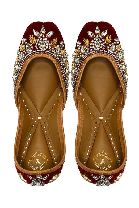 Yassio Maroon Mia Velvet Mirror Stone Embroidered Juttis Online at Aza Fashions Yassio_Maroon Mia Velvet Mirror Stone Embroidered Juttis _Online_at_Aza_Fashions