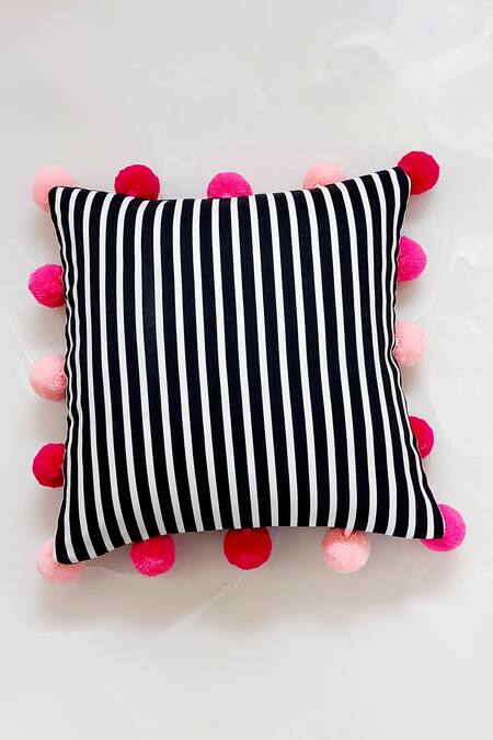 Buy_Throwpillow_White Blend Of Cotton And Polyester Stripe Pattern Cushion Cover_Online_at_Aza_Fashions
