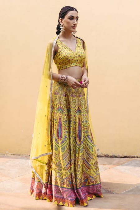 Buy_Drishti & Zahabia_Yellow Silk, Net Embroidery, Sequins V-neck Floral Print Lehenga Set _Online_at_Aza_Fashions
