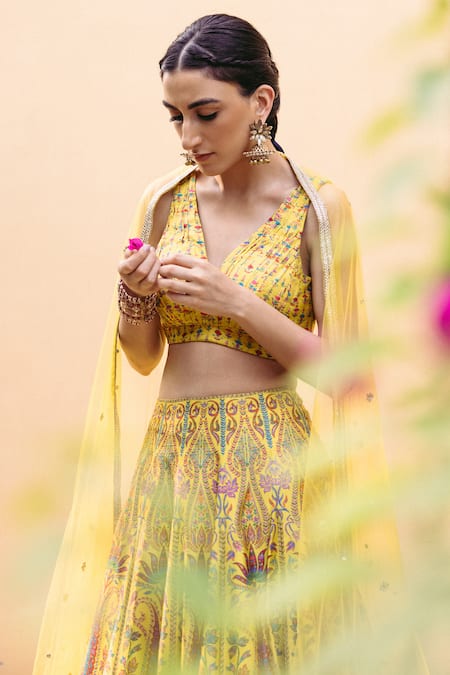 Shop_Drishti & Zahabia_Yellow Silk, Net Embroidery, Sequins V-neck Floral Print Lehenga Set _Online_at_Aza_Fashions