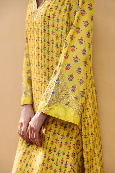 Drishti & Zahabia_Yellow Denim, Crepe, Silk Embroidery V-neck Floral Print Kurta And Pant Set _Online_at_Aza_Fashions