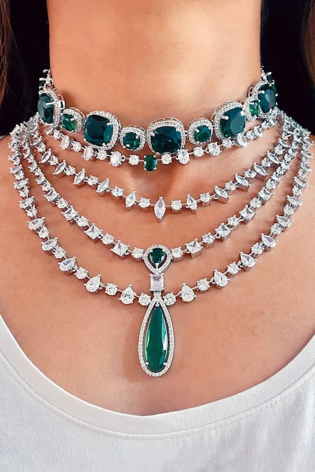 Buy Silver Plated Diamond Necklace Set With Green Stones