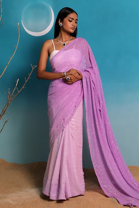 Paaprika_Purple Georgette Mirrors Mukaish Embroidered Saree_Online_at_Aza_Fashions