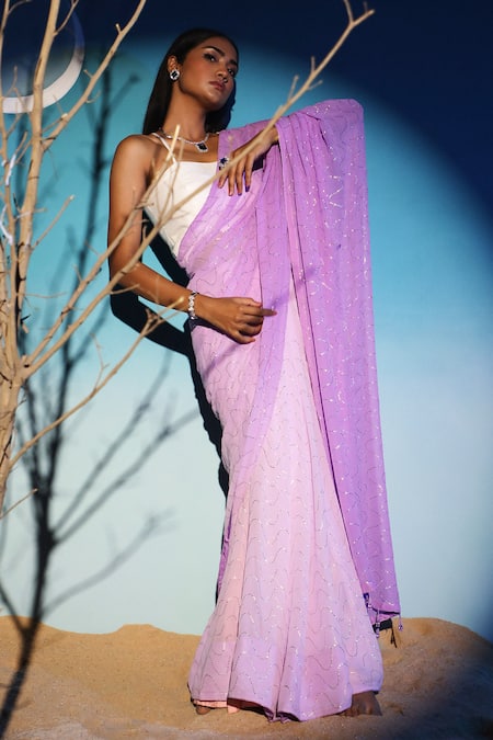 Paaprika_Purple Georgette Mirrors Mukaish Embroidered Saree_at_Aza_Fashions