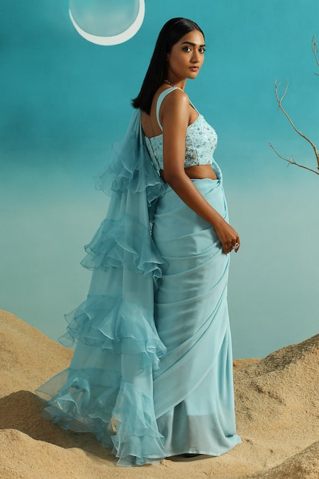 Paaprika Ruffle Pallu Saree With Hand Embroidered Blouse 