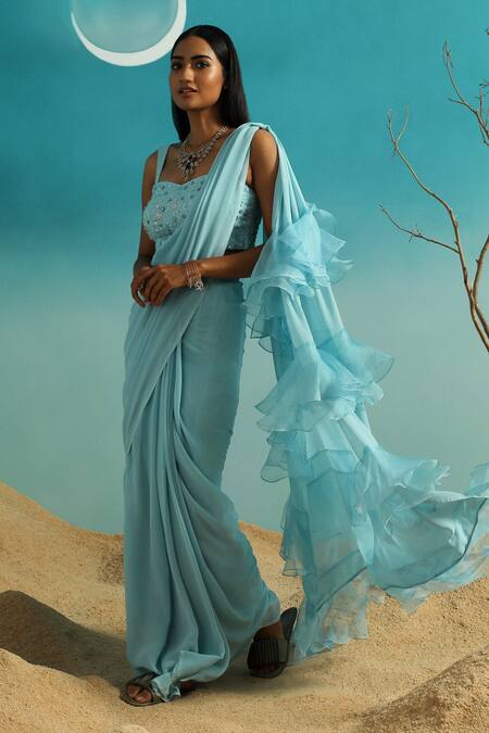 Paaprika_Blue Georgette Sequins, Embroidery Ruffle Pallu Saree With Hand Blouse _Online_at_Aza_Fashions