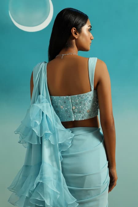 Buy_Paaprika_Blue Georgette Sequins, Embroidery Ruffle Pallu Saree With Hand Blouse _Online_at_Aza_Fashions