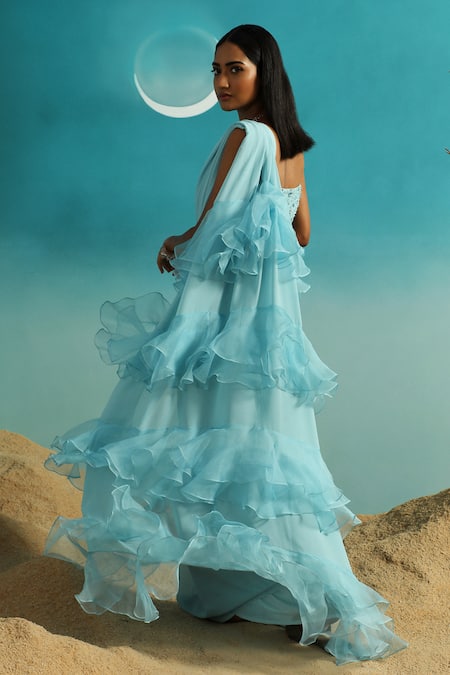 Shop_Paaprika_Blue Georgette Sequins, Embroidery Ruffle Pallu Saree With Hand Blouse _Online_at_Aza_Fashions