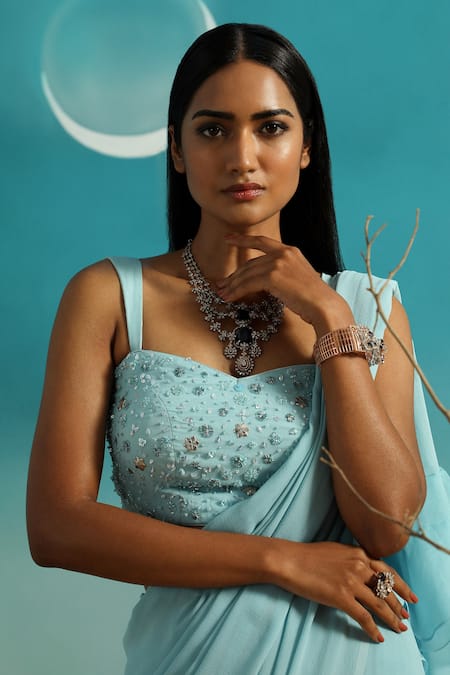 Paaprika_Blue Georgette Sequins, Embroidery Ruffle Pallu Saree With Hand Blouse _at_Aza_Fashions