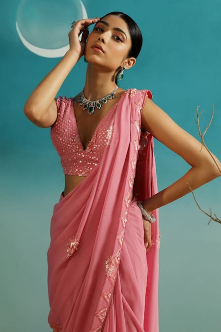 Shop_Paaprika_Pink Georgette Sequins V-neck Placement Embroidered Saree With Blouse _Online_at_Aza_Fashions