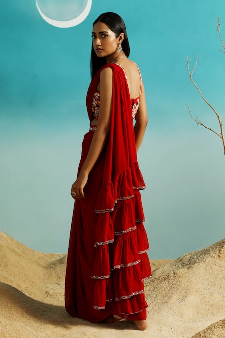 Paaprika Pre-Draped Saree With Embroidered Belt 