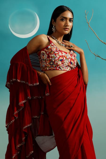 Buy_Paaprika_Red Georgette Embroidery Pre-draped Saree With Belt _Online_at_Aza_Fashions