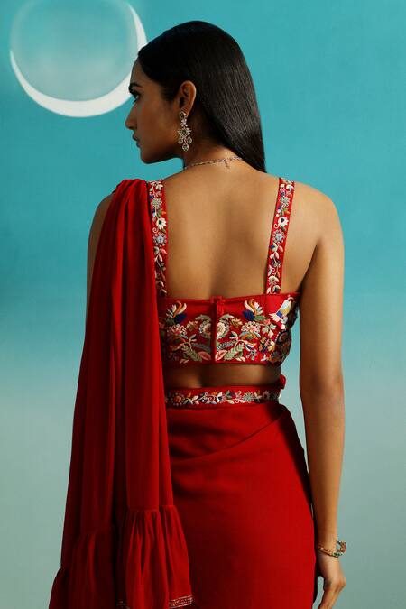 Paaprika_Red Georgette Embroidery Pre-draped Saree With Belt _at_Aza_Fashions