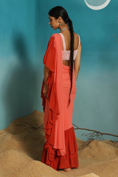 Paaprika Ruffle Pallu Saree With Sequin Embroidered Blouse 