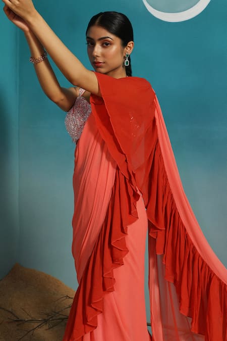 Paaprika_Coral Georgette Sequins Square Neck Ruffle Pallu Saree With Embroidered Blouse _Online_at_Aza_Fashions