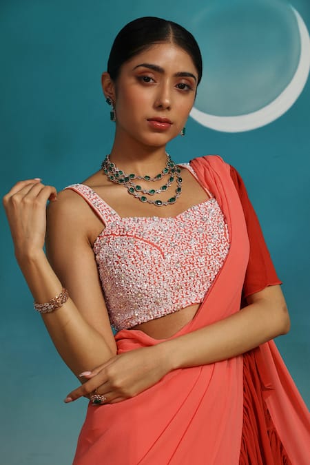 Buy_Paaprika_Coral Georgette Sequins Square Neck Ruffle Pallu Saree With Embroidered Blouse _Online_at_Aza_Fashions