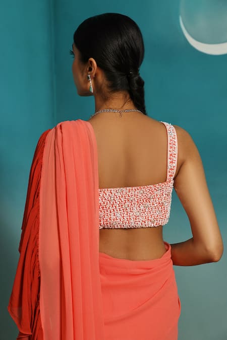 Shop_Paaprika_Coral Georgette Sequins Square Neck Ruffle Pallu Saree With Embroidered Blouse _Online_at_Aza_Fashions