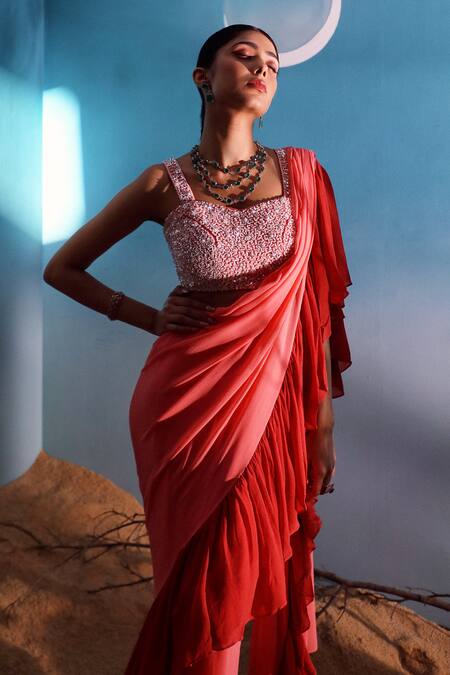 Paaprika_Coral Georgette Sequins Square Neck Ruffle Pallu Saree With Embroidered Blouse _at_Aza_Fashions