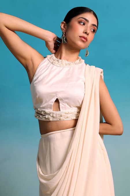 Buy_Paaprika_White Georgette Pre-draped Saree _Online_at_Aza_Fashions