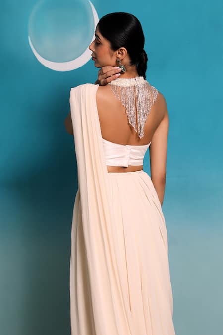 Paaprika_White Georgette Pre-draped Saree _at_Aza_Fashions