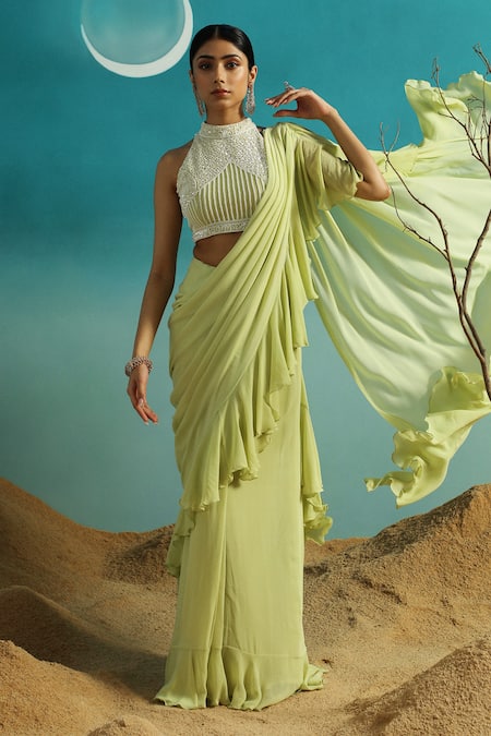 Buy_Paaprika_Green Georgette Sequins, Beads Halter Pre-draped Ruffle Pallu Saree With Blouse _Online_at_Aza_Fashions
