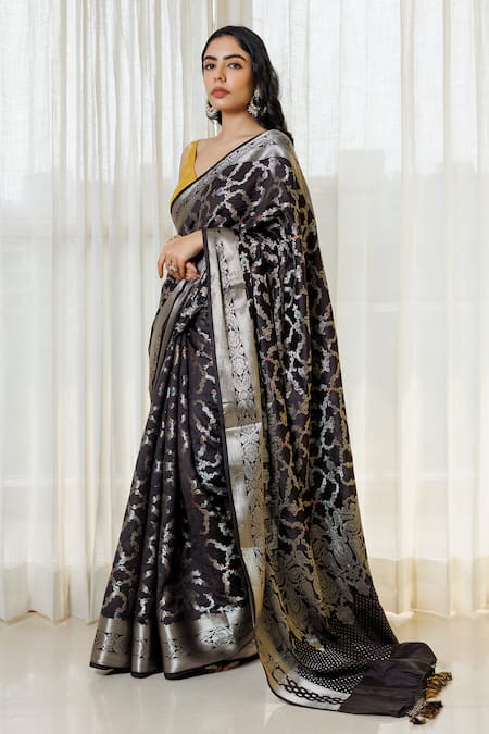 Shop Paaprika Black Silk Embroidery Floral Pattern Saree With Unstitched Blouse Piece at Aza Fashions Shop_Paaprika_Black Silk Embroidery Floral Pattern Saree With Unstitched Blouse Piece_at_Aza_Fashions