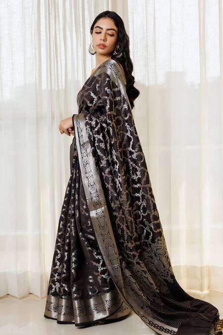 Paaprika Black Silk Embroidery Floral Pattern Saree With Unstitched Blouse Piece Online at Aza Fashions Paaprika_Black Silk Embroidery Floral Pattern Saree With Unstitched Blouse Piece_Online_at_Aza_Fashions