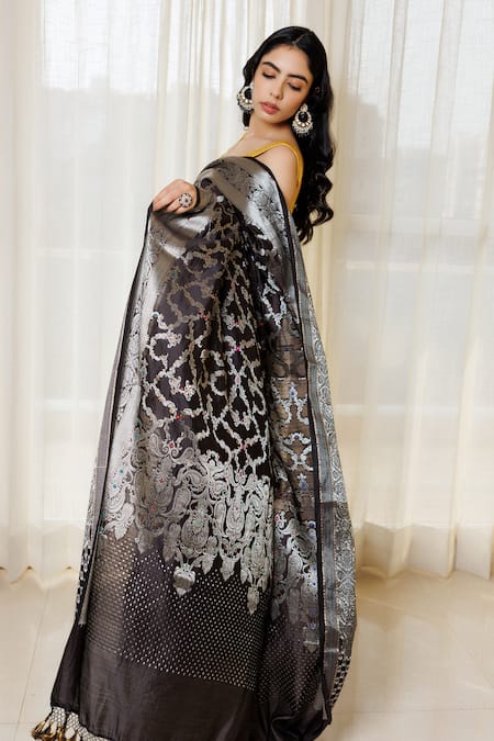 Buy Paaprika Black Silk Embroidery Floral Pattern Saree With Unstitched Blouse Piece Online at Aza Fashions Buy_Paaprika_Black Silk Embroidery Floral Pattern Saree With Unstitched Blouse Piece_Online_at_Aza_Fashions