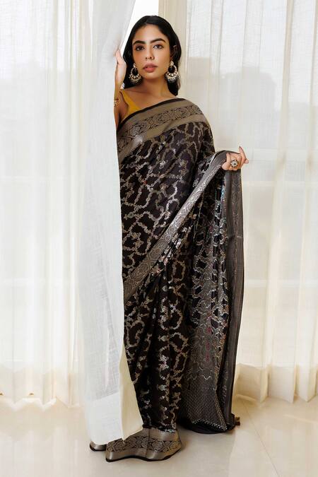 Shop Paaprika Black Silk Embroidery Floral Pattern Saree With Unstitched Blouse Piece Online at Aza Fashions Shop_Paaprika_Black Silk Embroidery Floral Pattern Saree With Unstitched Blouse Piece_Online_at_Aza_Fashions