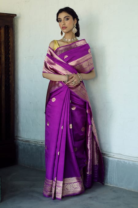 Midnight Purple & White Designer Printed Silk Saree with Contrast Blou –  Ethnos