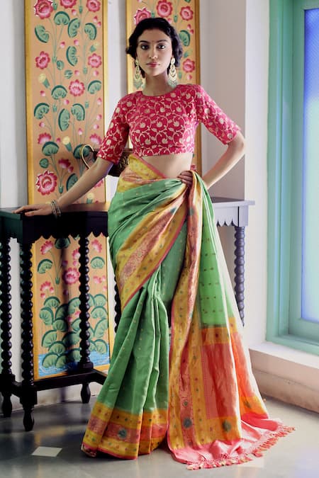 Paaprika Spun Silk Zari Butti Saree With Unstitched Blouse Piece 