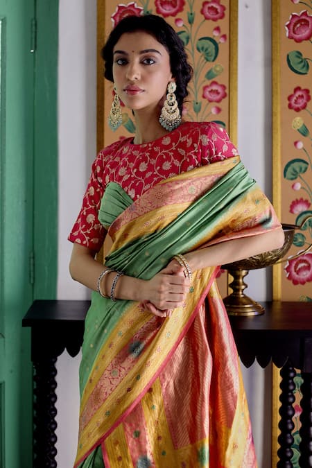 Buy_Paaprika_Green Spandex Zari Spun Silk Butti Saree With Unstitched Blouse Piece _Online_at_Aza_Fashions