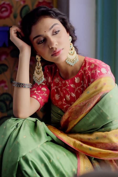 Shop_Paaprika_Green Spandex Zari Spun Silk Butti Saree With Unstitched Blouse Piece _Online_at_Aza_Fashions