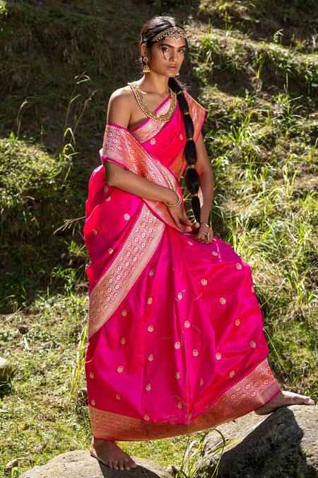 Shop Paaprika Pink Silk Embroidery Handwoven Banarasi Saree at Aza Fashions Shop_Paaprika_Pink Silk Embroidery Handwoven Banarasi Saree_at_Aza_Fashions