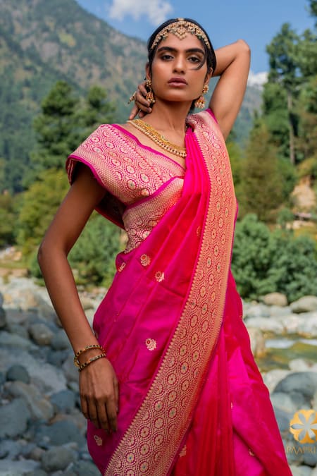Buy Paaprika Pink Silk Embroidery Handwoven Banarasi Saree Online at Aza Fashions Buy_Paaprika_Pink Silk Embroidery Handwoven Banarasi Saree_Online_at_Aza_Fashions