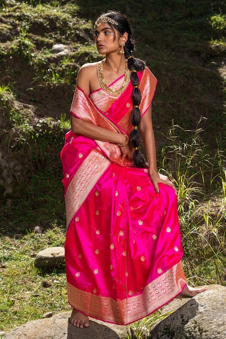 Shop Paaprika Pink Silk Embroidery Handwoven Banarasi Saree Online at Aza Fashions Shop_Paaprika_Pink Silk Embroidery Handwoven Banarasi Saree_Online_at_Aza_Fashions