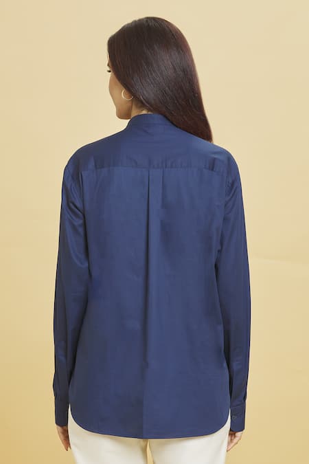 Shop Aiman Blue Cotton Embroidery Mandarin Collar Doodle Shirt at Aza Fashions Shop_Aiman_Blue Cotton Embroidery Mandarin Collar Doodle Shirt_at_Aza_Fashions